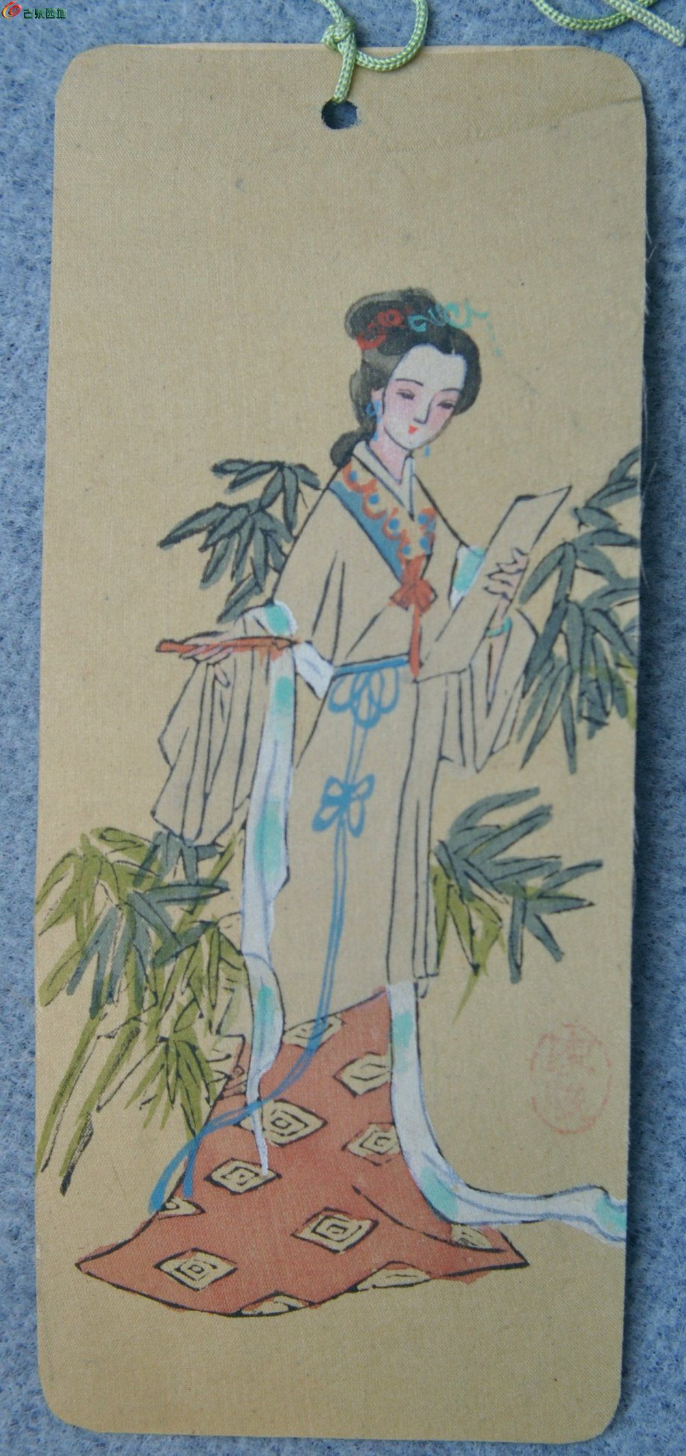 美品建国前后红楼梦手绘彩色水墨画美女图丝绢书签正13.2-5.5.jpg
