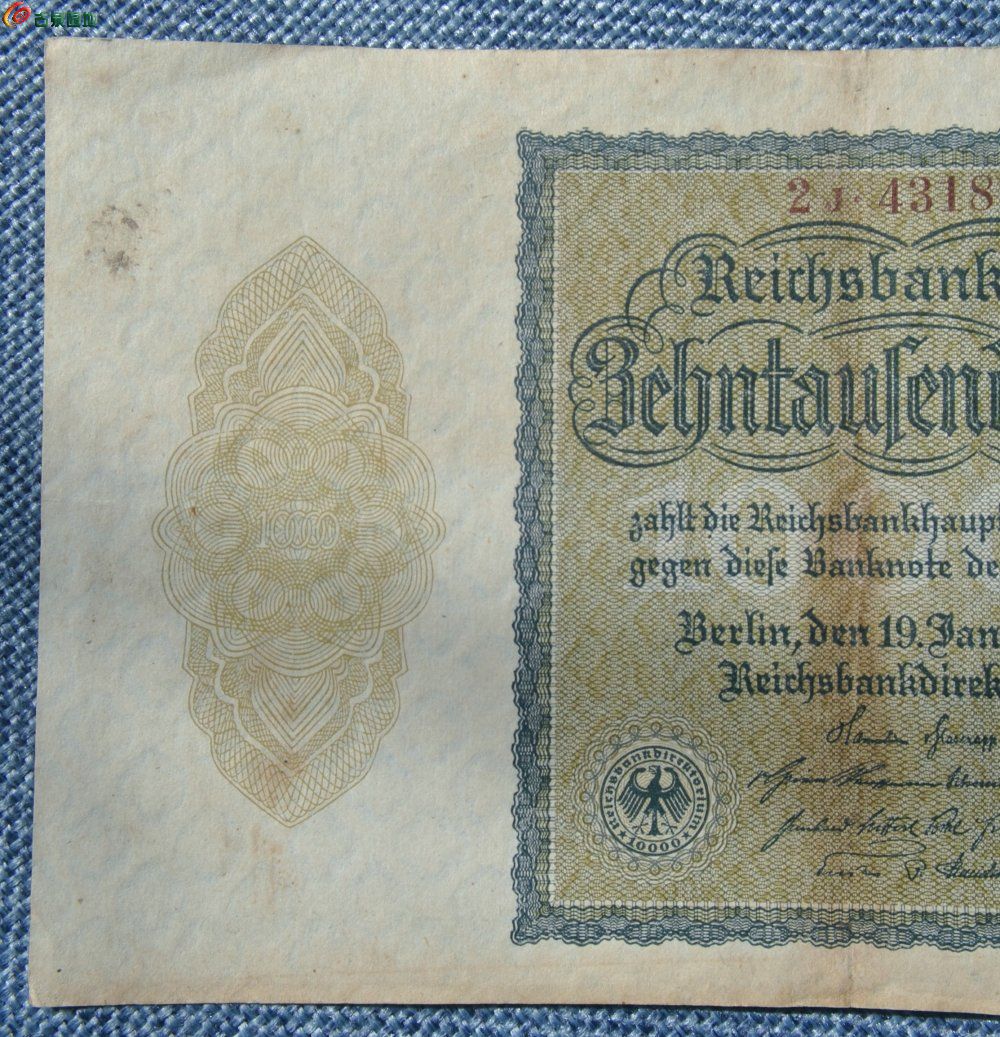 1922年魏玛共和国面右上头像10000马克纸币编号431840局1.jpg