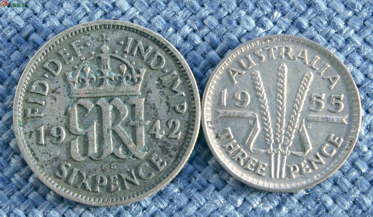 1942年英国带皇冠6便士银币和1955年澳大利亚面三麦穗3便士银币2枚正2.7