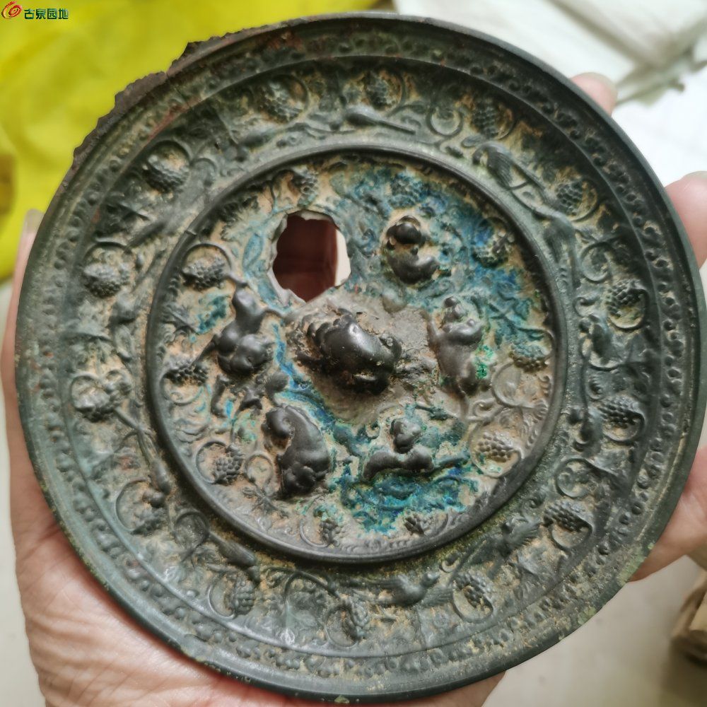 V364 中国 白銅 花弦文鏡 古鏡 白銅鏡 直径9㎝ J