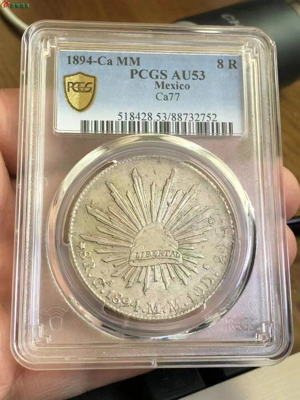 美评PCGS AU53分原光花边1894年墨西哥鹰洋银币第42名全羽毛极美品2752
