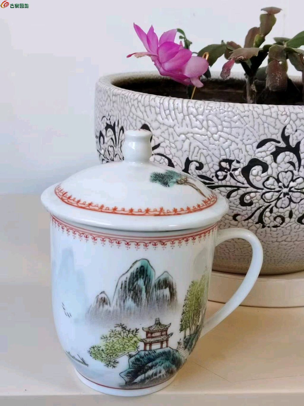 超美品 中国美術 茶道具 山水風景画 胭脂紅お湯呑み 詩文山川有情 江西